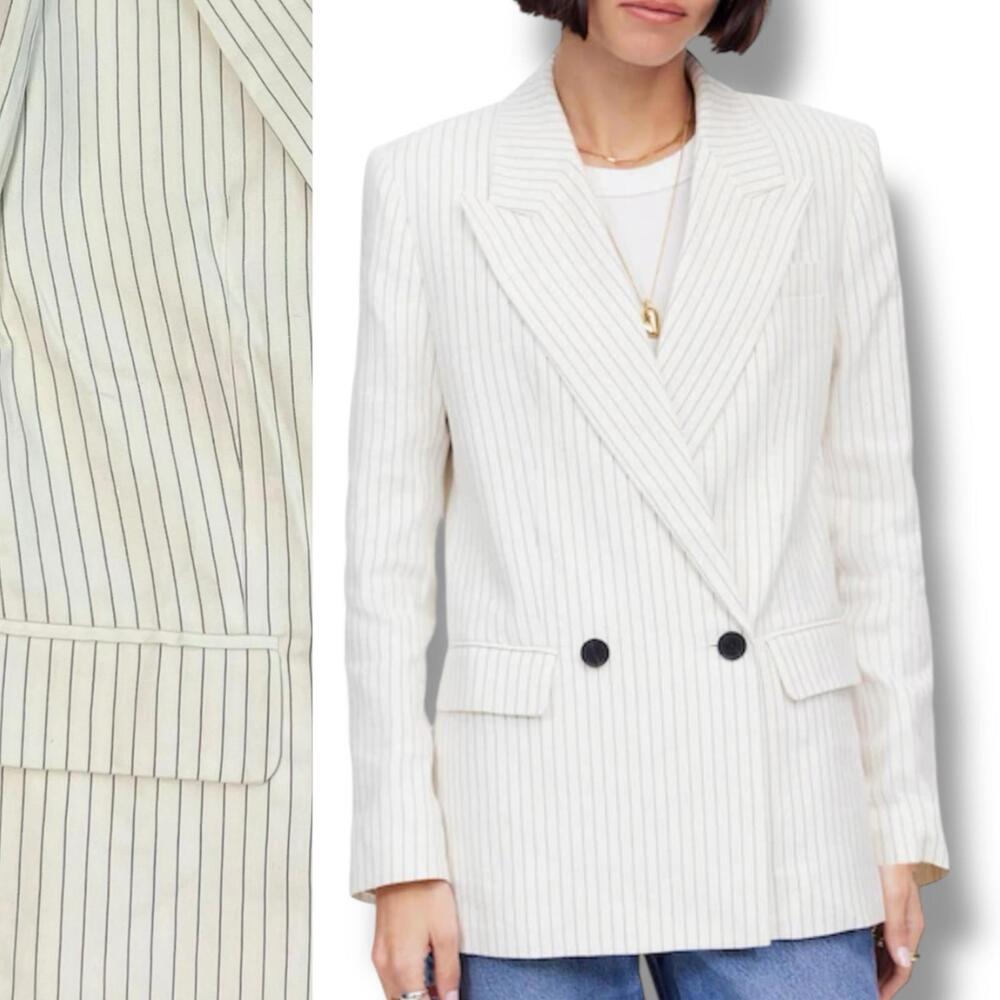 Madewell Blazer WMNS White Pinstripe Linen Blend Relaxed Notch Flap Pockets Sz 6